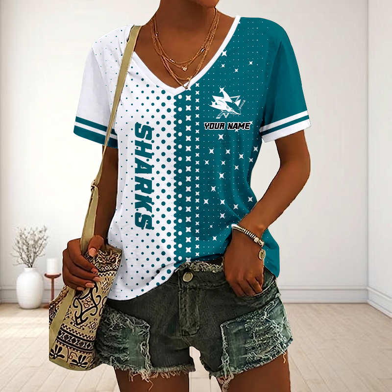 LIMITED EDITION - NEW CUSTOMIZED NHL32 SJS SAN JOSE SHARKS V-NECK FEMALE SHIRT
