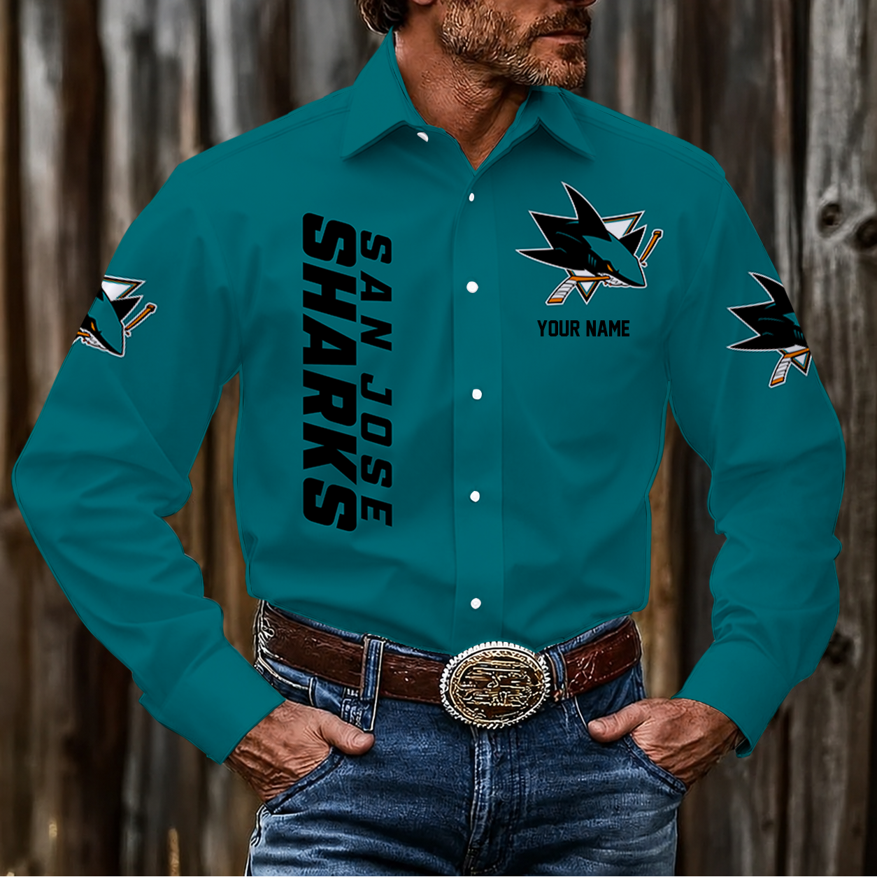LIMITED EDITION - NEW CUSTOMIZED NHL32 SJS SAN JOSE SHARKS MEN'S LONG SLEEVE BUTTON-UP SHIRT