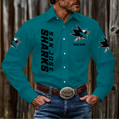 LIMITED EDITION - NEW CUSTOMIZED NHL32 SJS SAN JOSE SHARKS MEN'S LONG SLEEVE BUTTON-UP SHIRT