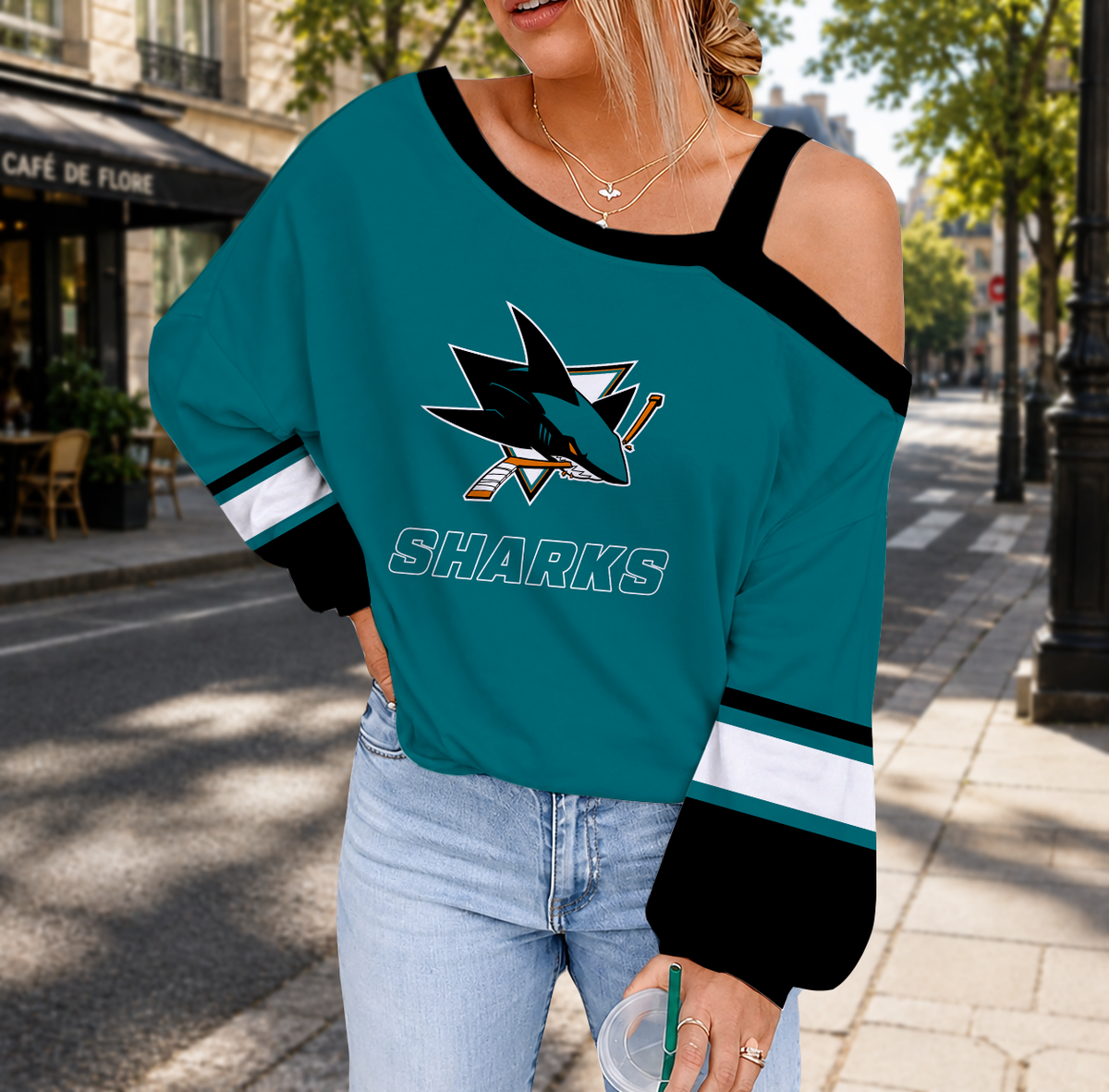 EXCLUSIVE EDITION - NEW CUSTOMIZED NHL32 SJS SAN JOSE SHARKS DROP SHOULDER SWEATSHIRT