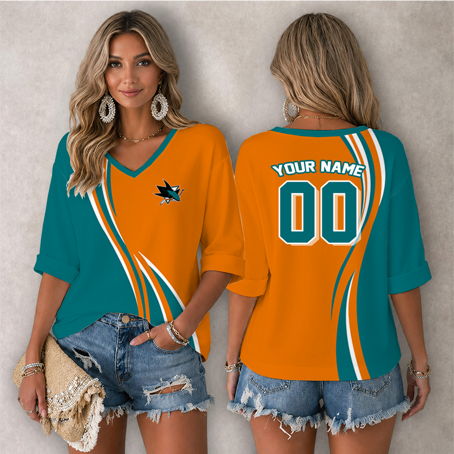LIMITED EDITION - NEW CUSTOMIZED NHL32 SJS SAN JOSE SHARKS WOMEN'S HEART V-NECK LONG SLEEVE SHIRT