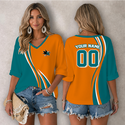 LIMITED EDITION - NEW CUSTOMIZED NHL32 SJS SAN JOSE SHARKS WOMEN'S HEART V-NECK LONG SLEEVE SHIRT
