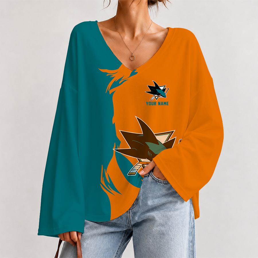[SUPER SALE] NEW CUSTOMIZED NHL32 SJS SAN JOSE SHARKS V-NECK LONG SLEEVED CROP TOP