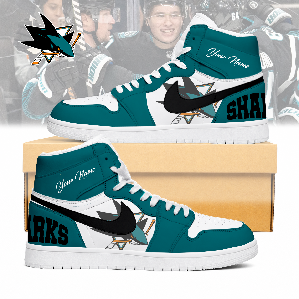 LIMITED EDITION - NEW CUSTOMIZED NHL32 SJS SAN JOSE SHARKS AIR JORDAN SNEAKERS