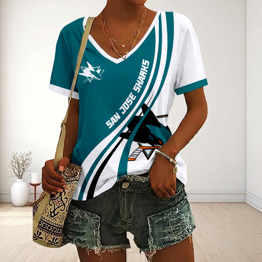 LIMITED EDITION - NEW CUSTOMIZED NHL32 SJS SAN JOSE SHARKS V-NECK FEMALE SHIRT