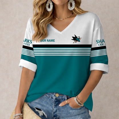 SPECIAL EDITION - NEW CUSTOMIZED NHL32 SJS SAN JOSE SHARKS WOMEN'S HEART V-NECK LONG SLEEVE SHIRT