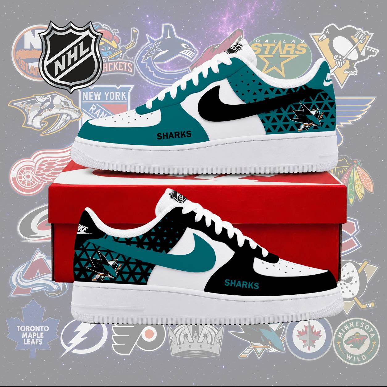 LIMITED EDITION - NEW CUSTOMIZED NHL32 SJS SAN JOSE SHARKS AF1 SHOES