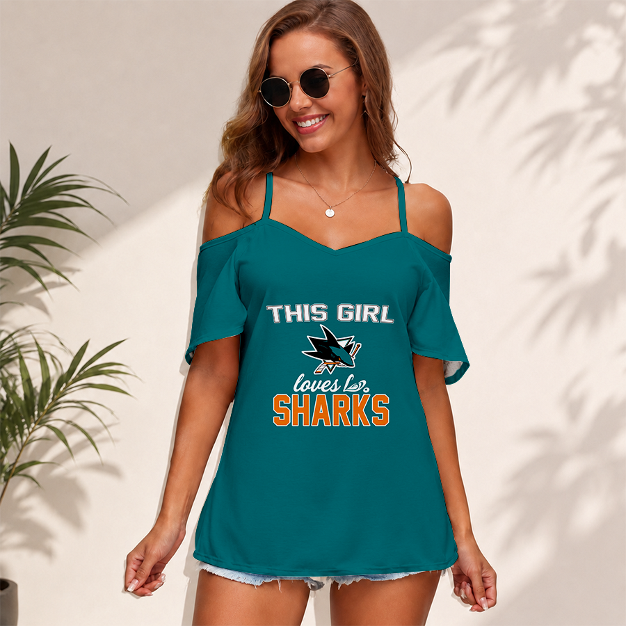 [SUPER SALE] NEW CUSTOMIZED NHL32 SJS SAN JOSE SHARKS WOMEN'S STRAPPY OFF-SHOULDER TOP