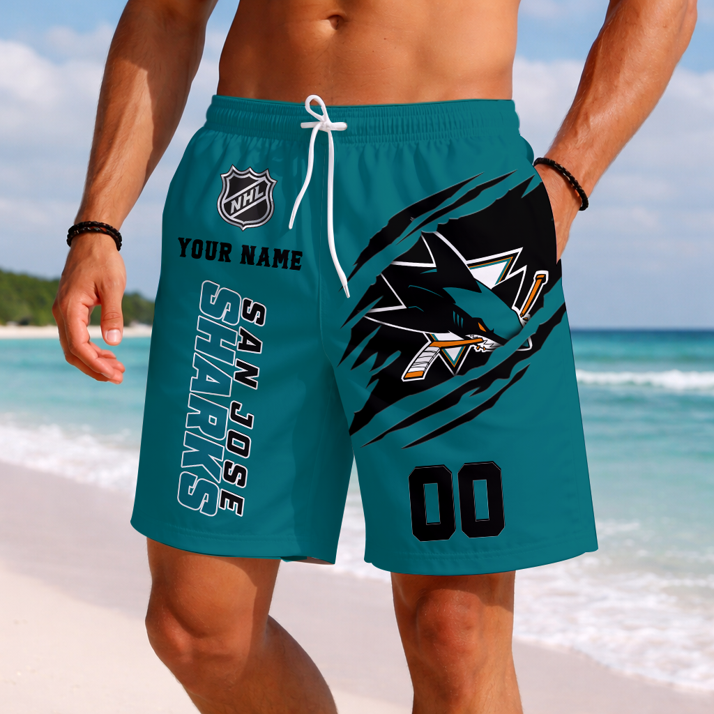 LIMITED EDITION - NEW CUSTOMIZED NHL32 SJS SAN JOSE SHARKS SHORT PANTS