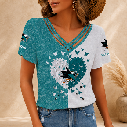 LIMITED EDITION - NEW CUSTOMIZED NHL32 SJS SAN JOSE SHARKS V-NECK SHIRT
