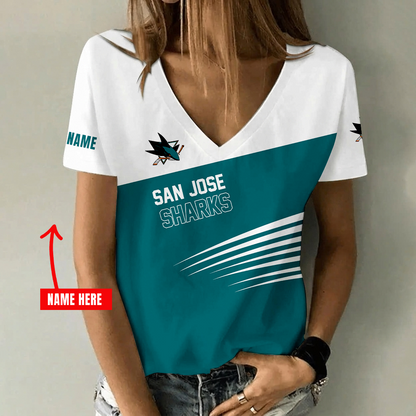 [SUPER SALE] NEW CUSTOMIZED NHL32 SJS SAN JOSE SHARKS V-NECK FEMALE SHIRT