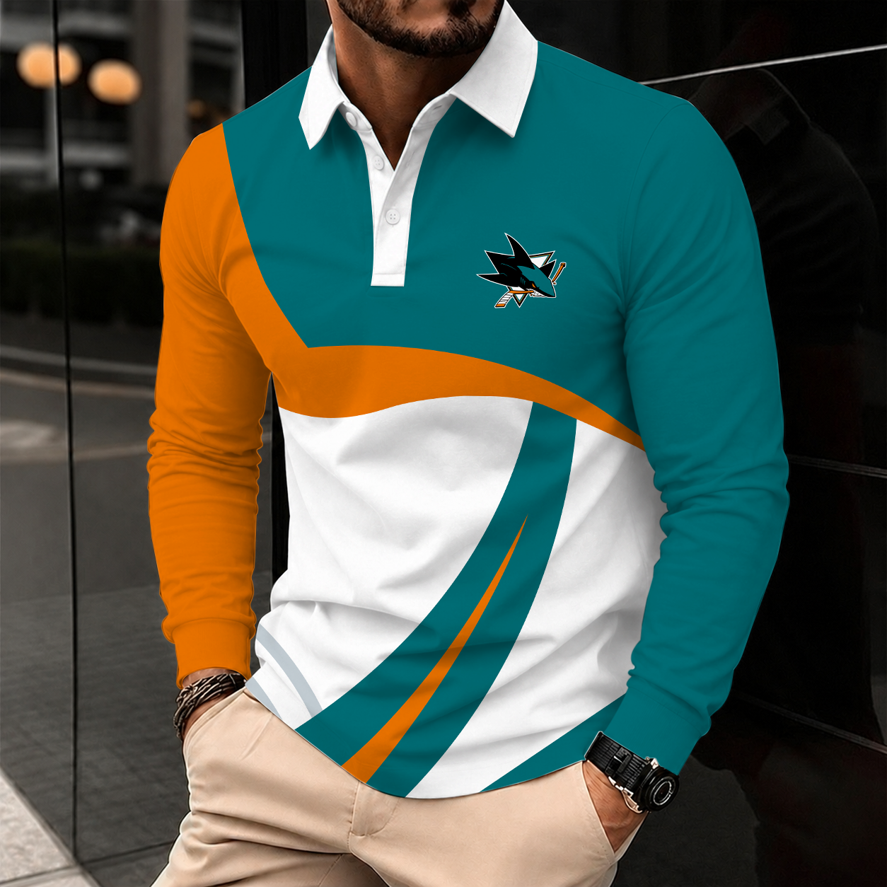 [SUPER SALE] NEW CUSTOMIZED NHL32 SJS SAN JOSE SHARKS MEN LONG SLEEVE POLO