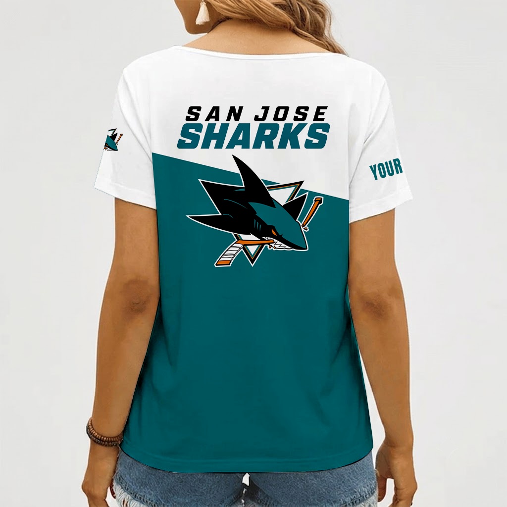 [SUPER SALE] NEW CUSTOMIZED NHL32 SJS SAN JOSE SHARKS V-NECK FEMALE SHIRT