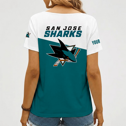 [SUPER SALE] NEW CUSTOMIZED NHL32 SJS SAN JOSE SHARKS V-NECK FEMALE SHIRT