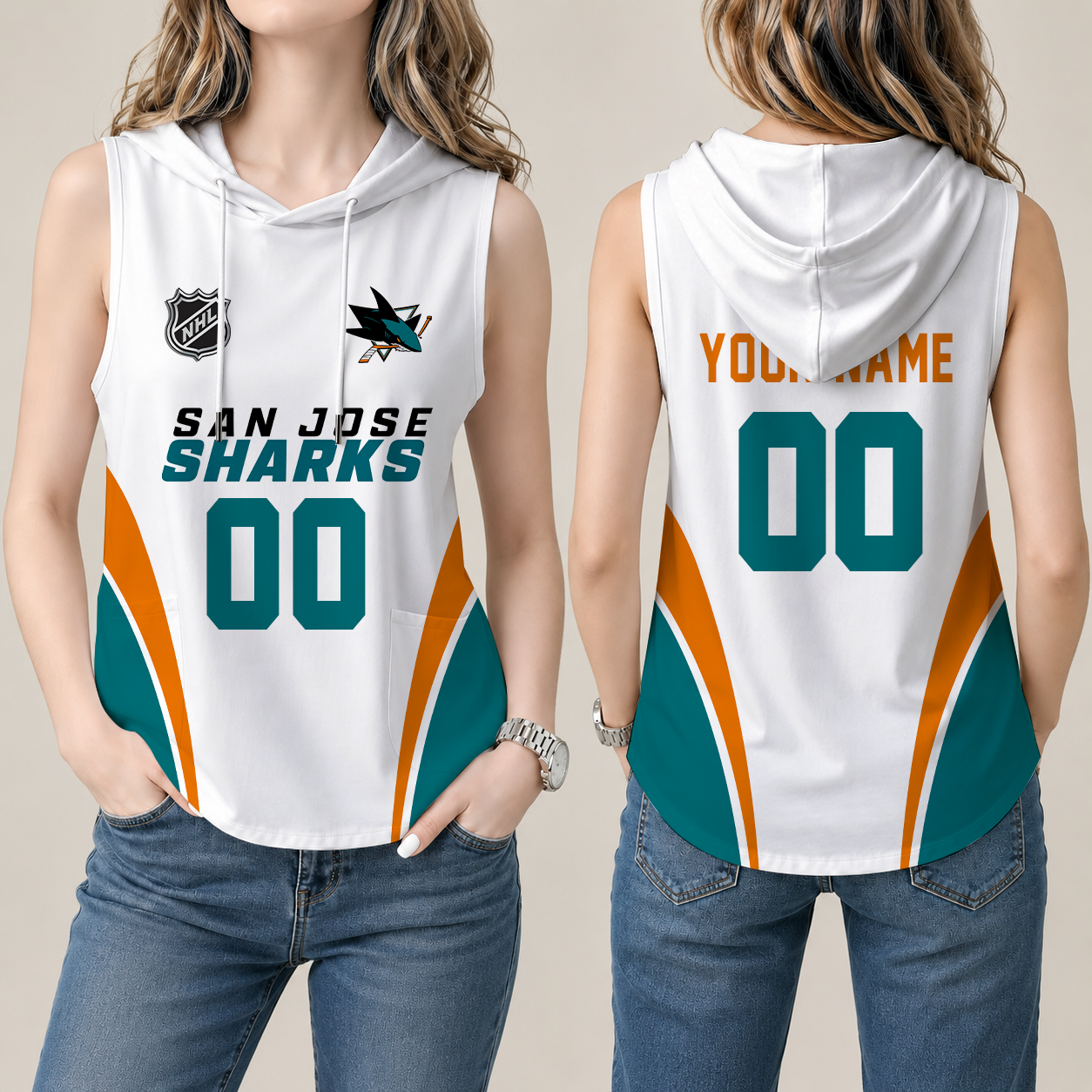[SUPER SALE] NEW CUSTOMIZED NHL32 SJS SAN JOSE SHARKS WOMEN'S SLEEVELESS HOODED POCKET TANK TOP