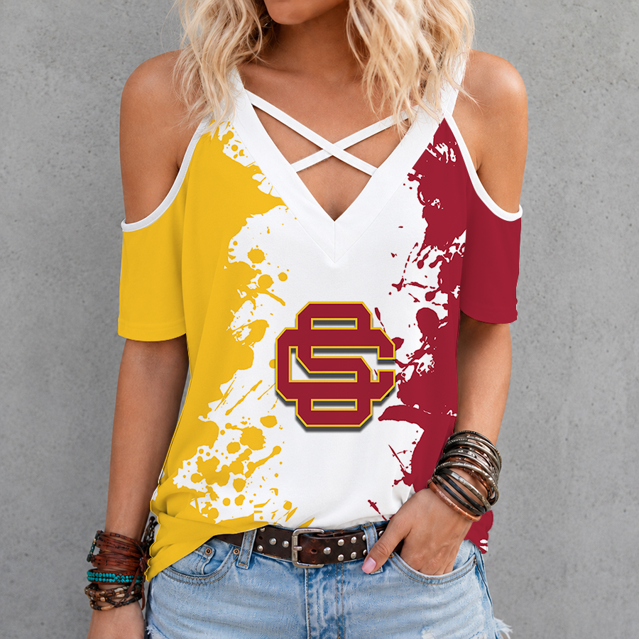 [FAN FAVORITE] NEW CUSTOMIZED NCAA FBS32 USC USC TROJANS CRISS CROSS V-NECK TOP