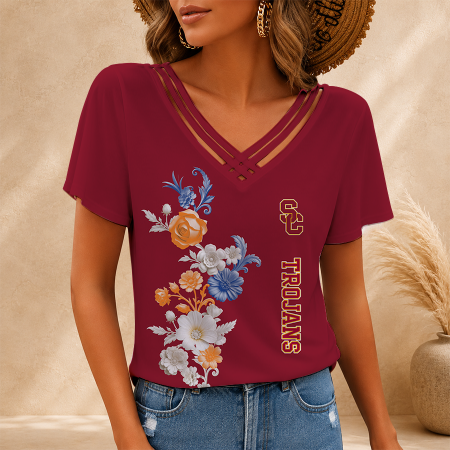 [FAN FAVORITE] NEW CUSTOMIZED NCAA FBS32 USC USC TROJANS V-NECK SHIRT