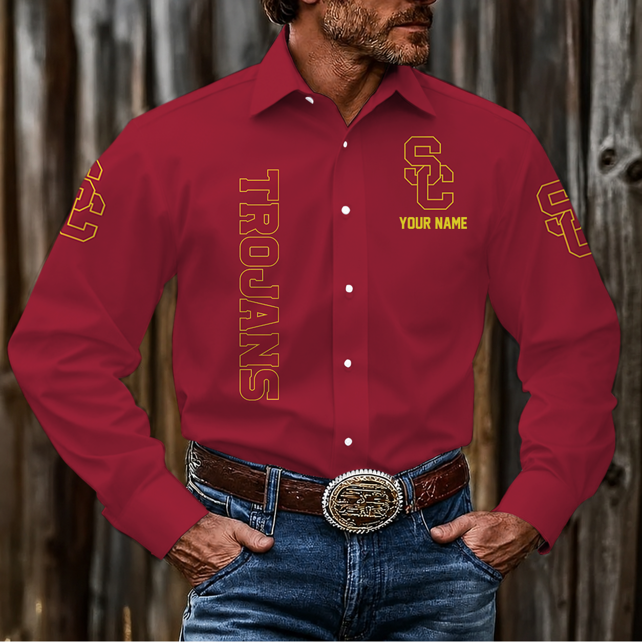 LIMITED EDITION - NEW CUSTOMIZED NCAA FBS32 USC USC TROJANS MEN'S LONG SLEEVE BUTTON-UP SHIRT