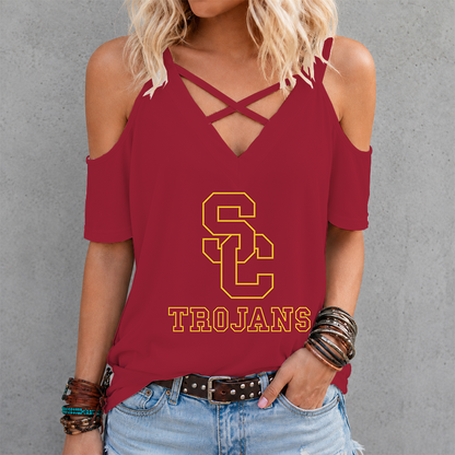 [FAN FAVORITE] NEW CUSTOMIZED NCAA FBS32 USC USC TROJANS CRISS CROSS V-NECK TOP