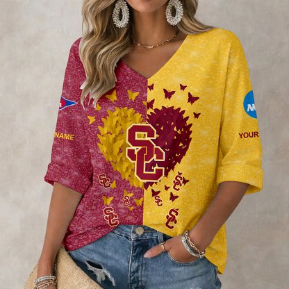 LIMITED EDITION - NEW CUSTOMIZED NCAA FBS32 USC USC TROJANS WOMEN'S HEART V-NECK LONG SLEEVE SHIRT