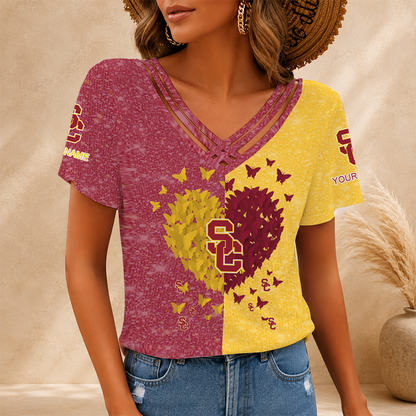 [FAN FAVORITE] NEW CUSTOMIZED NCAA FBS32 USC USC TROJANS V-NECK SHIRT