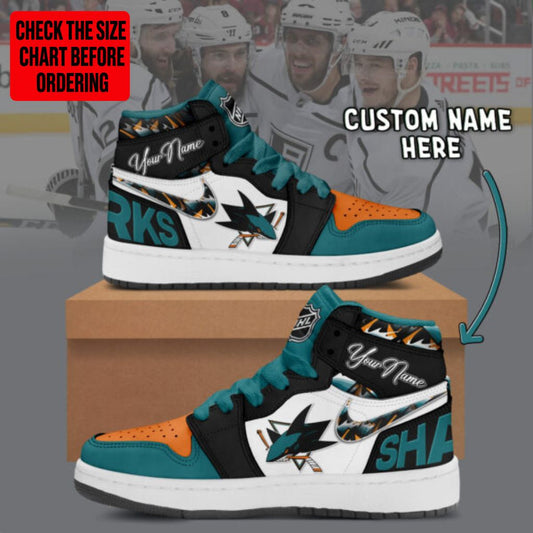LIMITED EDITION - NEW CUSTOMIZED NHL32 SJS SAN JOSE SHARKS AIR JORDAN SNEAKERS