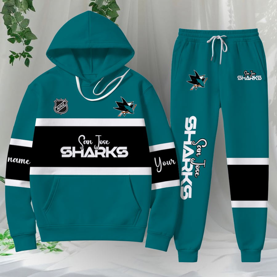 LIMITED EDITION - NEW CUSTOMIZED NHL32 SJS SAN JOSE SHARKS HOODIE & SWEATPANTS SET