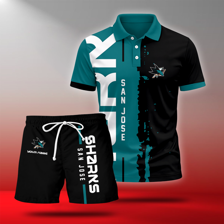 LIMITED EDITION - NEW CUSTOMIZED NHL32 SJS SAN JOSE SHARKS POLO & SHORT PANTS SET