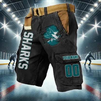 LIMITED EDITION - NEW CUSTOMIZED NHL32 SJS SAN JOSE SHARKS CARGO SHORTS
