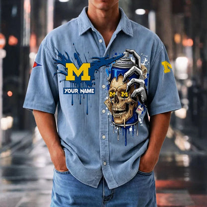 MEGA SALE - NEW CUSTOMIZED NCAA FBS03 MIW MI WOLVERINES SEERSUCKER BUTTON SHIRT