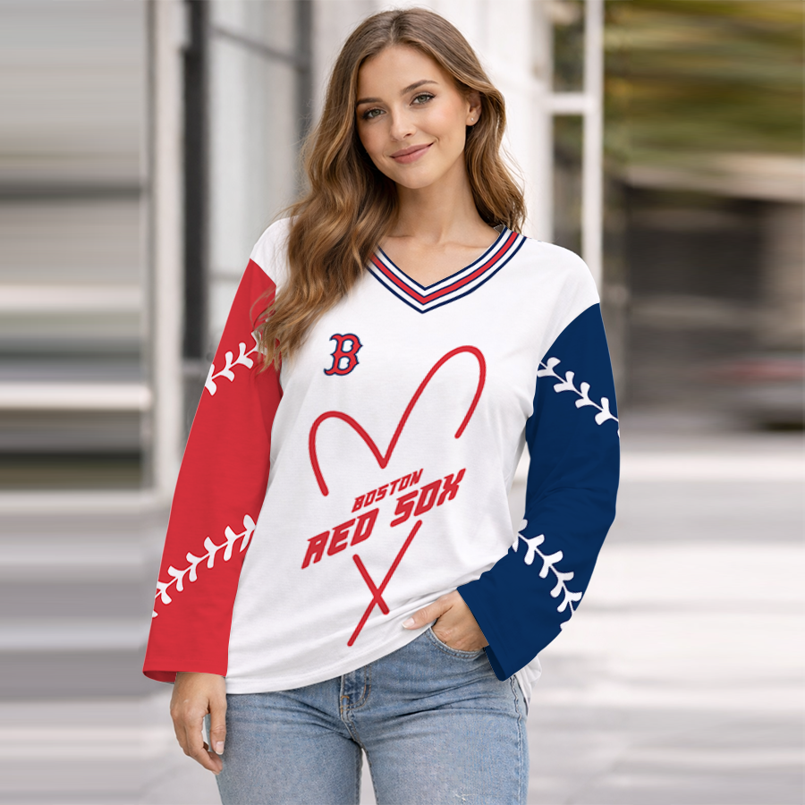 LIMITED EDITION - NEW CUSTOMIZED MLB03 BRS BOSTON RED SOX WOMEN'S HEART V-NECK LONG SLEEVE SHIRT