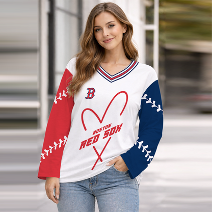 LIMITED EDITION - NEW CUSTOMIZED MLB03 BRS BOSTON RED SOX WOMEN'S HEART V-NECK LONG SLEEVE SHIRT