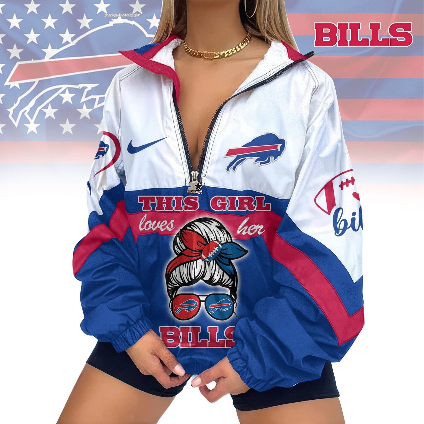 LIMITED EDITION - NEW CUSTOMIZED NFL03 BFB BUFFALO BILLS V-NECK ZIPPER SWEATSHIRT JACKET