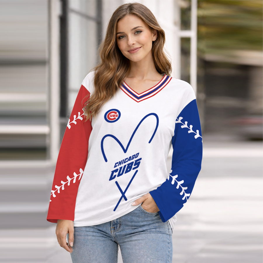 LIMITED EDITION - NEW CUSTOMIZED MLB04 CCS CHICAGO CUBS WOMEN'S HEART V-NECK LONG SLEEVE SHIRT