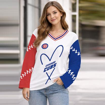 LIMITED EDITION - NEW CUSTOMIZED MLB04 CCS CHICAGO CUBS WOMEN'S HEART V-NECK LONG SLEEVE SHIRT