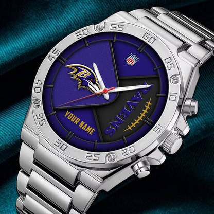 LIMITED EDITION - NEW CUSTOMIZED NFL28 BTR BALTIMORE RAVENS LUXURY STAINLESS STEEL WATCH