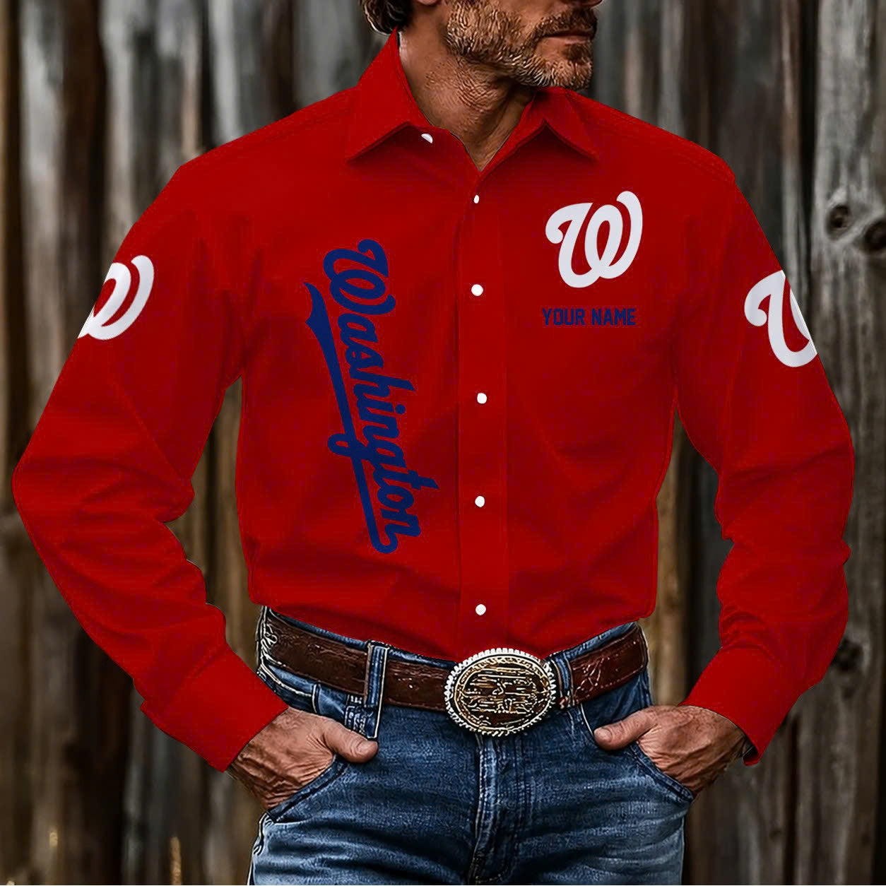LIMITED EDITION - NEW CUSTOMIZED MLB28 WNS WASHINGTON NATIONALS MEN'S LONG SLEEVE BUTTON-UP SHIRT