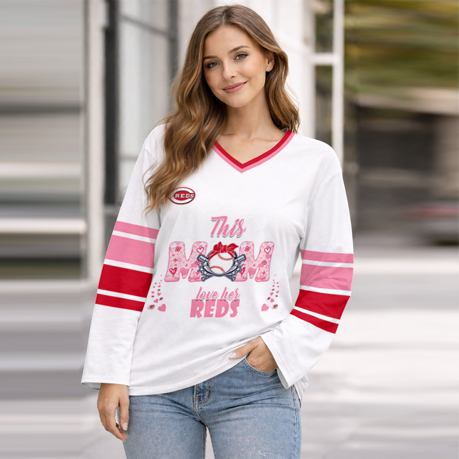 LIMITED EDITION - NEW CUSTOMIZED MLB05 CRS CINCINNATI REDS WOMEN'S HEART V-NECK LONG SLEEVE SHIRT