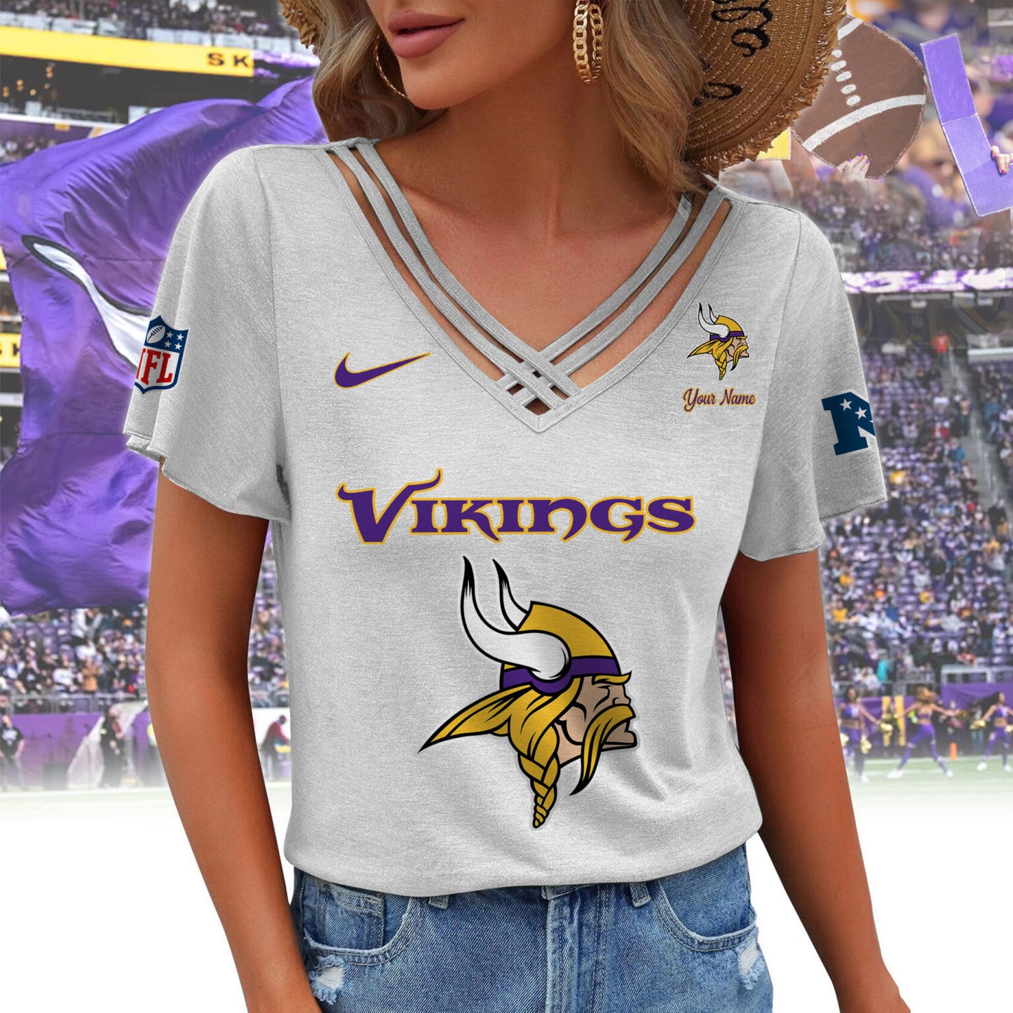 [SPECIAL OFFER] NEW CUSTOMIZED NFL05 MVK MINNESOTA VIKINGS V-NECK SHIRT