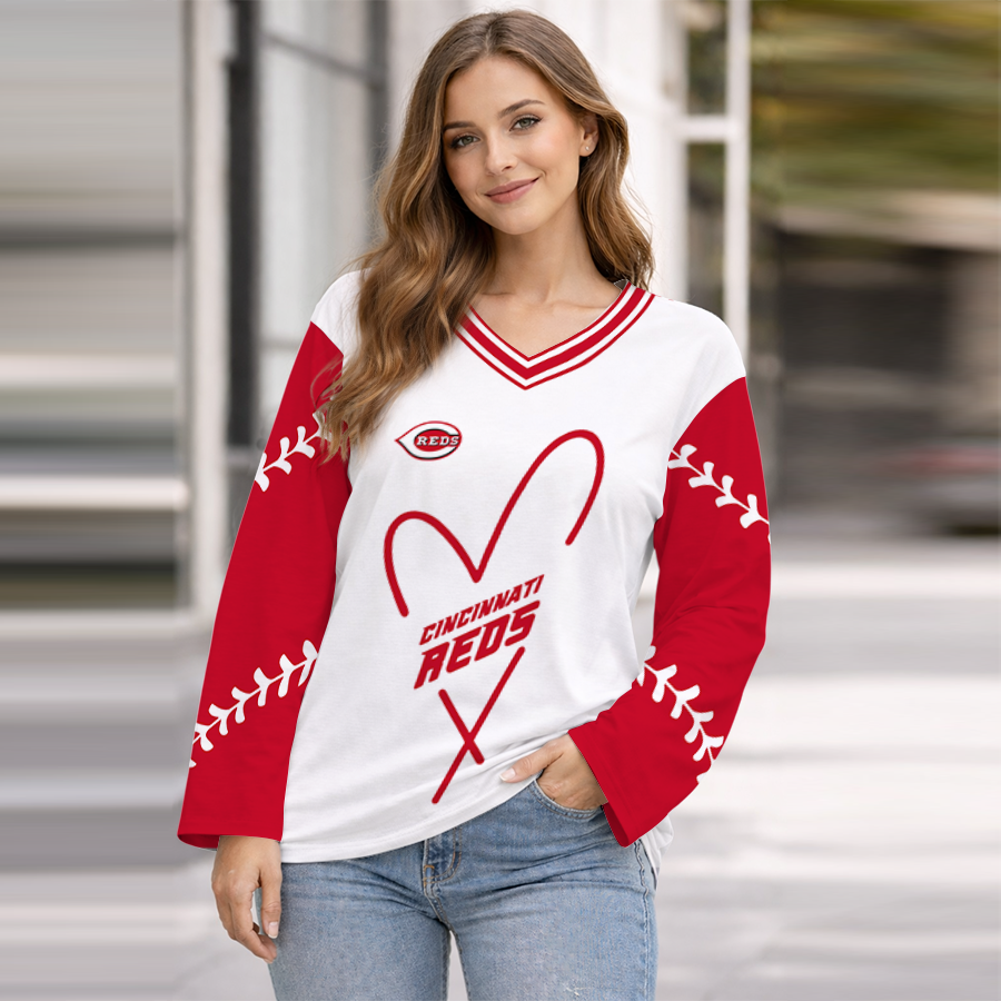 LIMITED EDITION - NEW CUSTOMIZED MLB05 CRS CINCINNATI REDS WOMEN'S HEART V-NECK LONG SLEEVE SHIRT