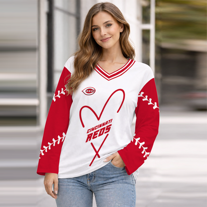 LIMITED EDITION - NEW CUSTOMIZED MLB05 CRS CINCINNATI REDS WOMEN'S HEART V-NECK LONG SLEEVE SHIRT