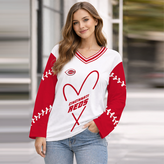 LIMITED EDITION - NEW CUSTOMIZED MLB05 CRS CINCINNATI REDS WOMEN'S HEART V-NECK LONG SLEEVE SHIRT