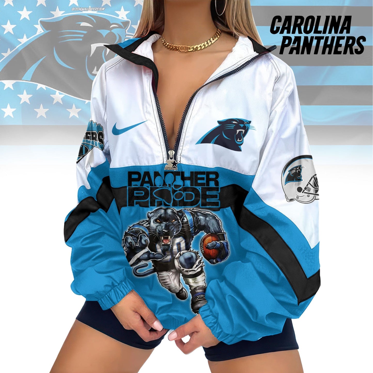 LIMITED EDITION - NEW CUSTOMIZED NFL23 CLP CAROLINA PANTHERS V-NECK ZIPPER SWEATSHIRT JACKET