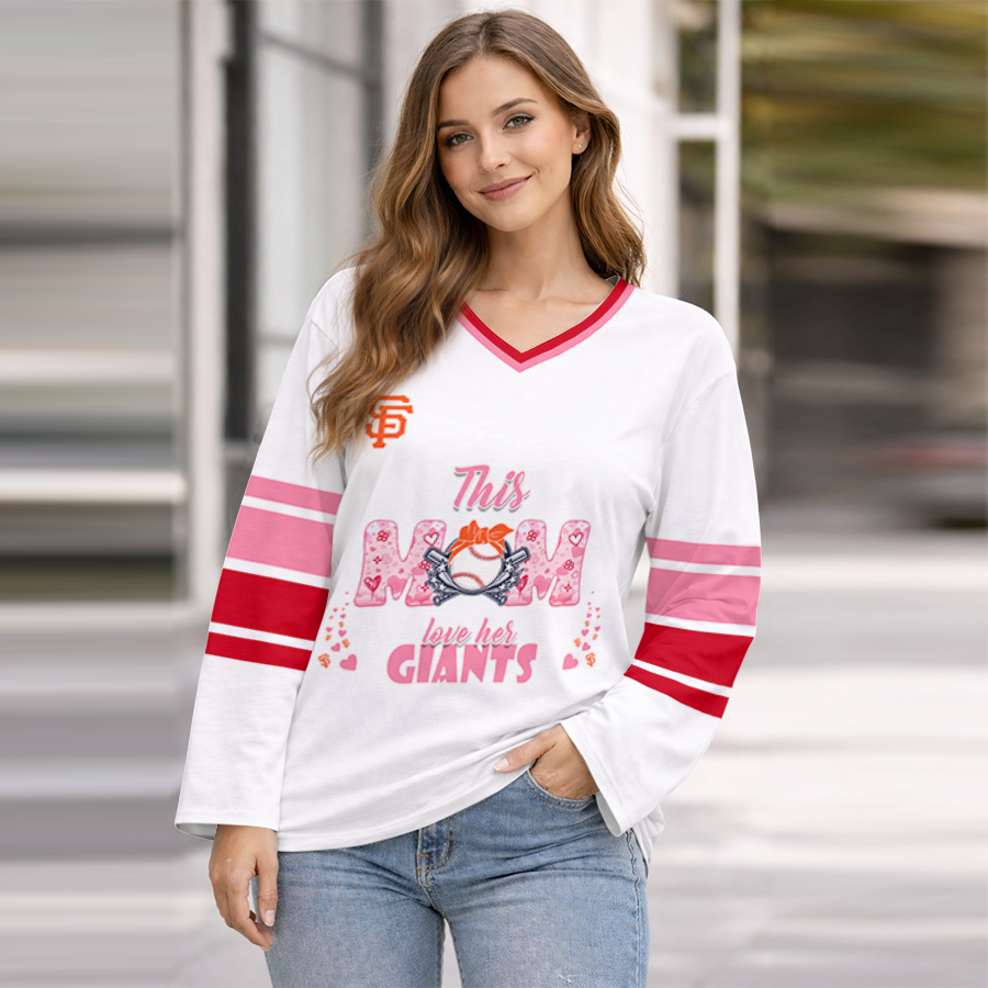 LIMITED EDITION - NEW CUSTOMIZED MLB06 SFG SAN FRANCISCO GIANTS WOMEN'S HEART V-NECK LONG SLEEVE SHIRT