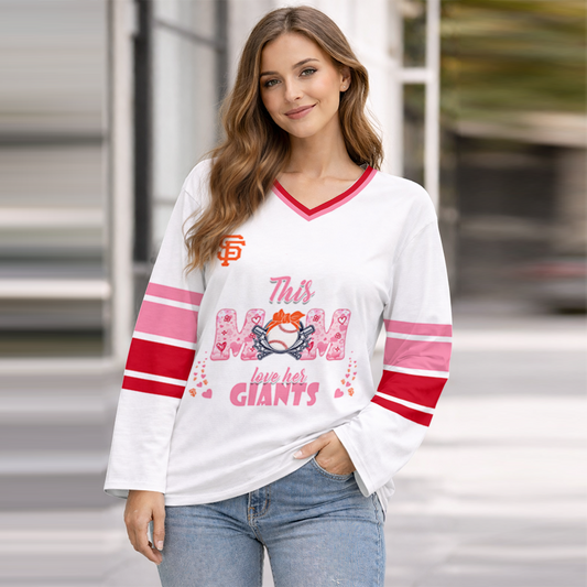 LIMITED EDITION - NEW CUSTOMIZED MLB06 SFG SAN FRANCISCO GIANTS WOMEN'S HEART V-NECK LONG SLEEVE SHIRT
