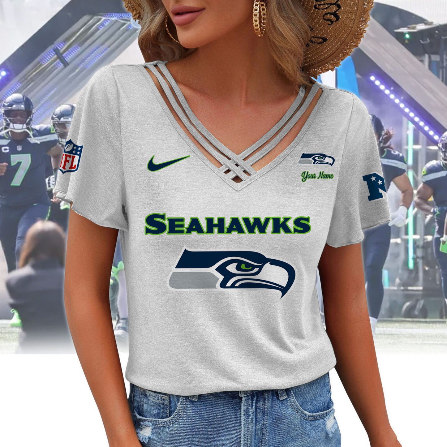 [SPECIAL OFFER] NEW CUSTOMIZED NFL06 SSH SEATTLE SEAHAWKS V-NECK SHIRT