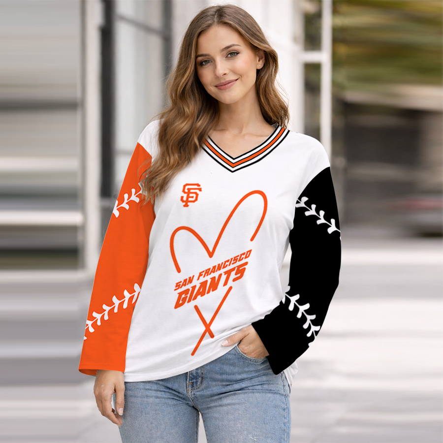 LIMITED EDITION - NEW CUSTOMIZED MLB06 SFG SAN FRANCISCO GIANTS WOMEN'S HEART V-NECK LONG SLEEVE SHIRT