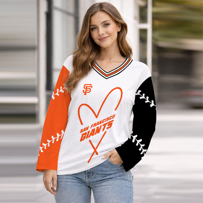 LIMITED EDITION - NEW CUSTOMIZED MLB06 SFG SAN FRANCISCO GIANTS WOMEN'S HEART V-NECK LONG SLEEVE SHIRT