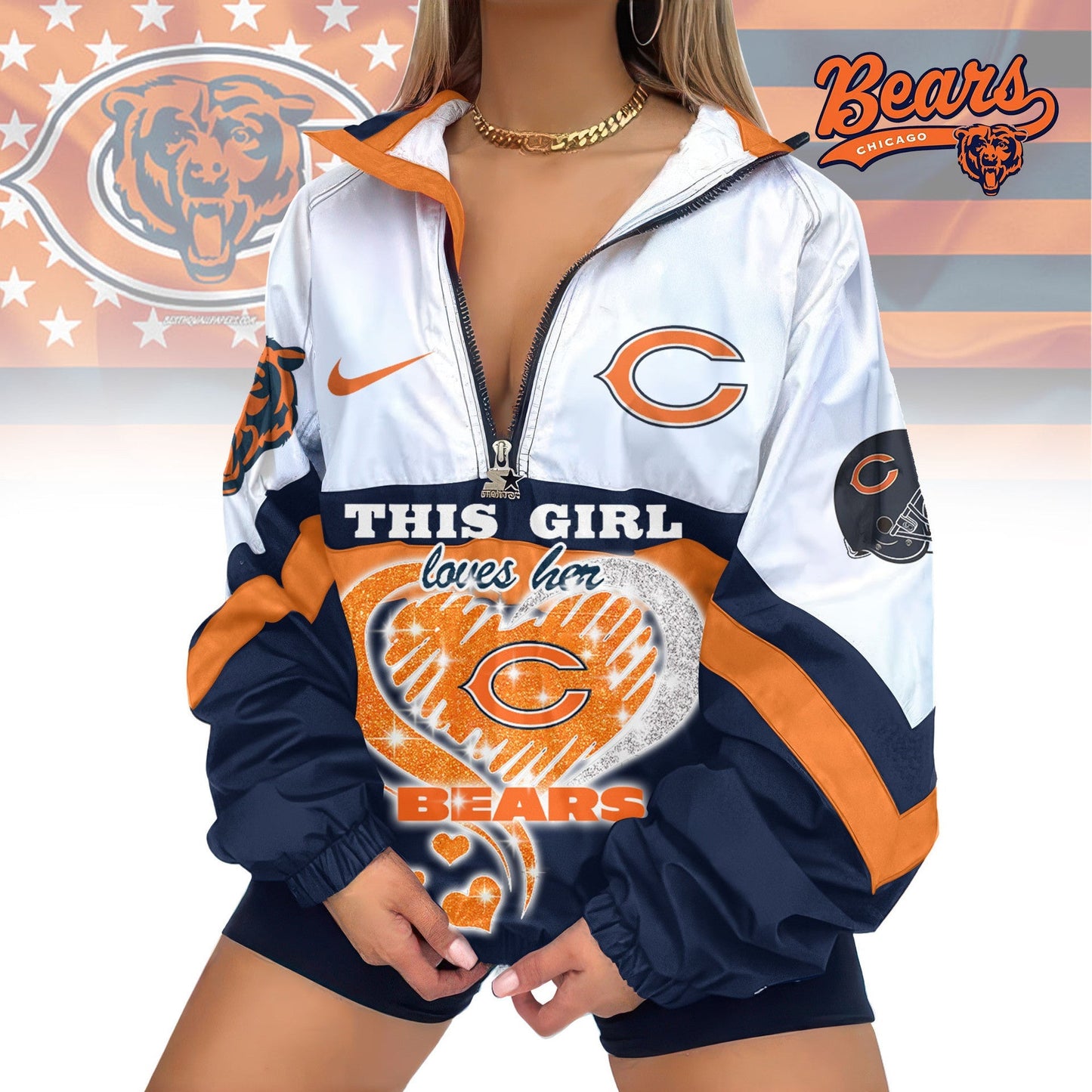 LIMITED EDITION - NEW CUSTOMIZED NFL26 CCB CHICAGO BEARS V-NECK ZIPPER SWEATSHIRT JACKET