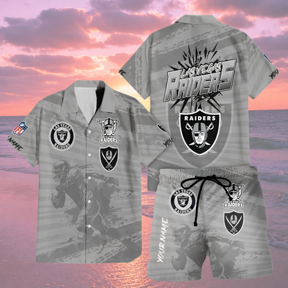 LIMITED EDITION  - NEW CUSTOMIZED NFL07 LVR LAS VEGAS RAIDERS UNISEX HAWAIIAN SHIRT & SHORTS SET